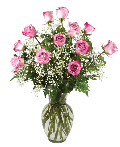 A rose arrangement with one dozen long-stemmed lavender roses, baby's breath and greens designed all-around in a 10 inchH clear glass vase. 26 inch height.