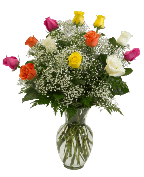 A rose arrangement with one dozen long-stemmed roses, three each of yellow, pink, white, and peach, baby's breath, and greens designed all-around in a 10 inchH clear glass vase. Height 26 inch