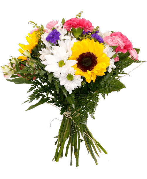 Hand-tied bouquet including sunflowers, carnations, mini carnations, charmelia alstroemeria, daisy poms, solidago, and statice.