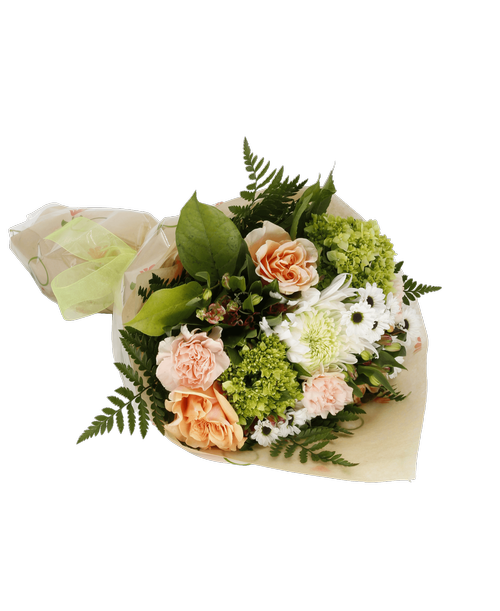 Hand-tied bouquet including three roses, a football mum, mini green hydrangea, charmelia alstroemeria, carnations, yin yang poms, hypericum, and bupleurum. 
