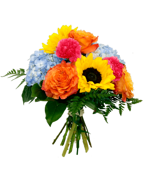 Hand-tied bouquet including three roses, hydrangea, carnations, and two sunflowers. 