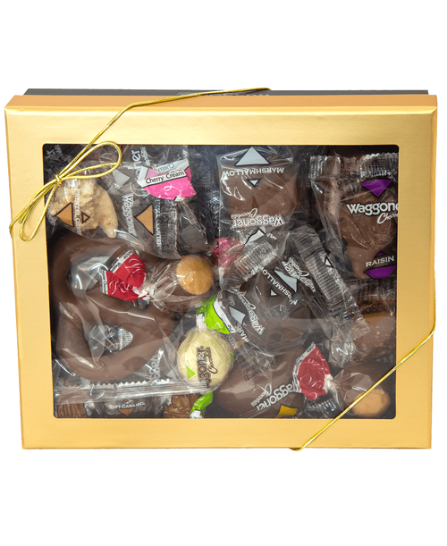 16 oz (1 lb) candy gift box with an assortment of individually wrapped gourmet Waggoner chocolates.