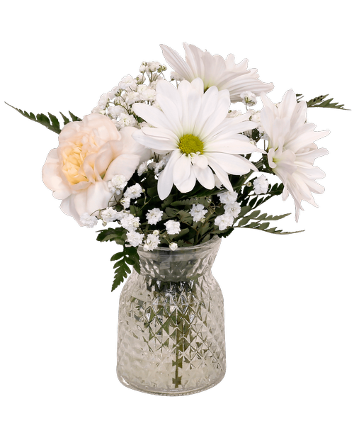 A 4.5 inchH clear glass vase with a diamond pattern holds an all-around arrangement with a carnation, daisy poms, and baby's breath. 7 inchH x 6 inchW