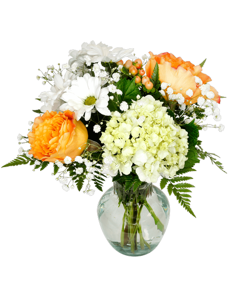 A 6.75 inch glass vase holds an all-around arrangement with two roses, a mini hydrangea, daisy poms, hypericum, and baby's breath. 13 inchH x 11 inchW