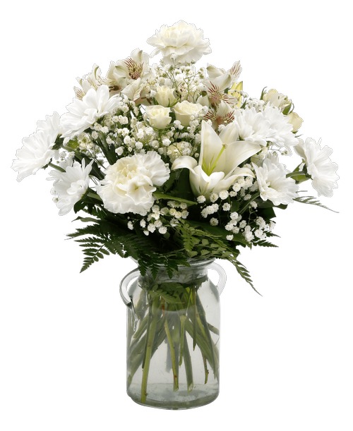 A 7 inchH glass vase with ear handles holds an all-around arrangement with two stems of spray roses, a lily, carnations, alstroemeria, daisy poms, and baby's breath. 18 inchH x 13 inchW
