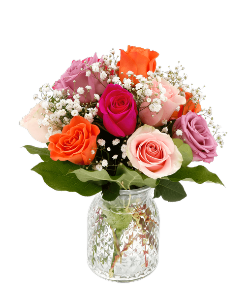 The Rosie arrangement is a beautiful gift for any occasion. It features a dozen roses of different colors, arranged in a clear glass vase with a diamond pattern. The vase is 6.5 inches high and has a classic shape. The roses are complemented by baby's breath, creating a contrast of textures and colors. The arrangement is 14 inches high and 12 inches wide, and it can be displayed from any angle. The Rosie arrangement is a stunning way to express your feelings and brighten someone's day. 14 inchH x 12 inch W (Rose colors will vary)