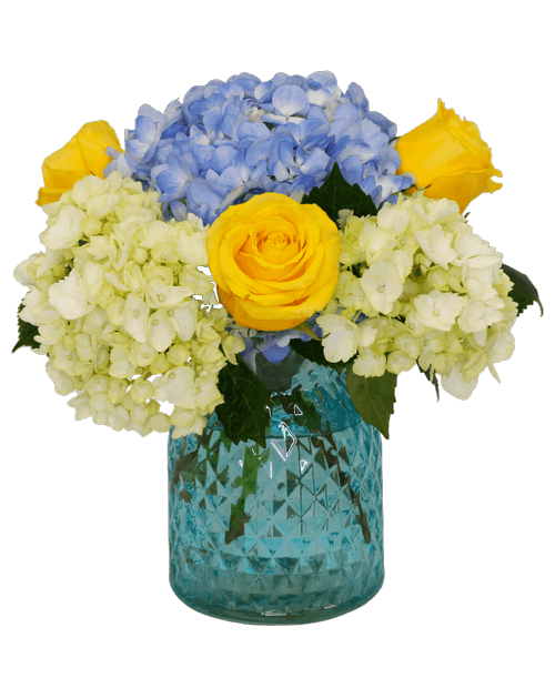 A 6.5 inchH blue glass vase with a diamond pattern holds three yellow roses, a blue hydrangea, and three mini green hydrangea. 11 inchH x 11 inchW