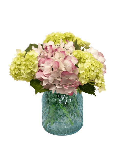 A 5.5 inchH Blue glass vase with a diamond pattern holds a pink hydrangea, and three mini green hydrangea. 10 inchH x 9.5 inchW