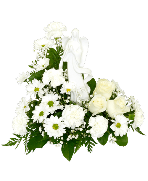 A 10 inchH white angel figurine is surrounded by an arrangement with white flowers including three roses, carnations, daisy poms, and babies breath. 13 inchH x 14 inchW