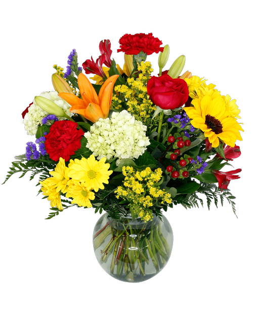 A 7-3/4 glass vase holds an all around arrangement with two roses, sunflowers, lilies, mini green hydrangea, alstroemeria, carnations, daisy poms, hypericum, statice, and solidago. 20 inchH x 15 inchW