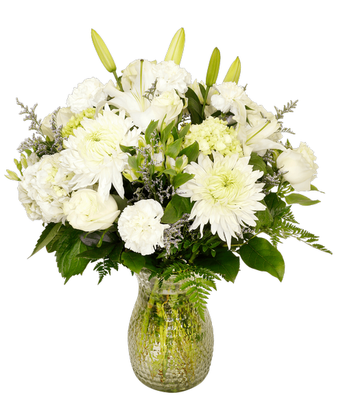 A 10 inch pebbled glass vase holds an all around arrangement including five roses, hydrangea, mini green hydrangea, lilies, charmelia alstroemeria, football mums, carnations, and caspia. 27 inchH x 18 inchW