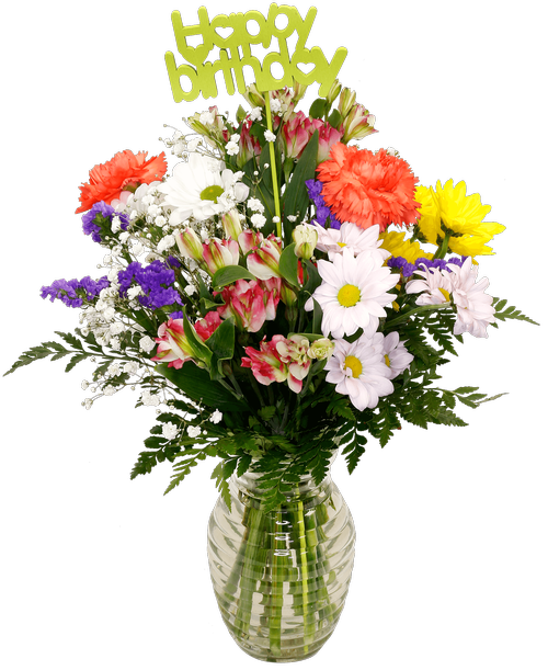 A 7.25 inchH clear glass vase with a horizontal design holds an all-around arrangement with charmelia alstroemeria, carnations, mini carnations, daisy poms, baby's breath, and statice. Decorated with a inchHappy Birthday inch stick in. 16 inchH x 12 inchW; Overall 19 inchH
