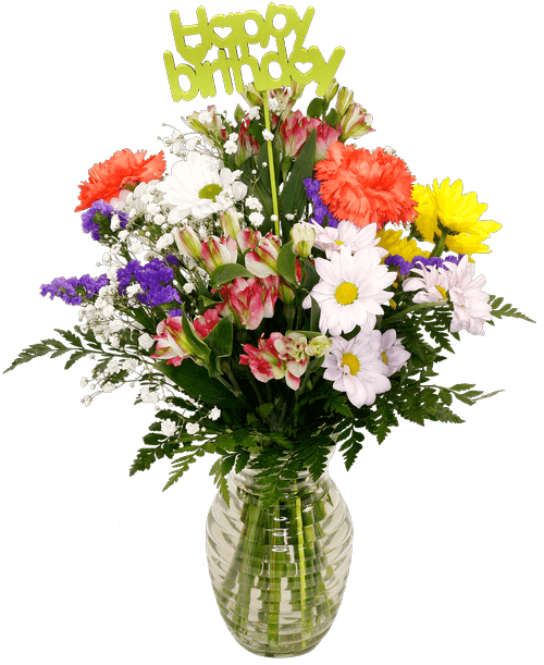 Hand-tied bouquet including charmelia alstroemeria, carnations, mini carnations, daisy poms, baby's breath, and statice. Decorated with a inchHappy Birthday inch stick-in. (7.25 inch clear glass vase with a horizontal design included) 16 inchH x 12 inchW; Overall 19 inchH