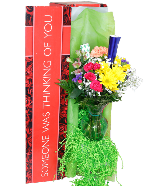 Hand-tied bouquet including carnations, mini carnations, daisy poms, charmelia alstroemeria, baby's breath, and statice. Decorated with a party horn and noise maker. (6.75 inchH clear vase included) 15 inchH x 9 inchW; 17 inchH to top of horn