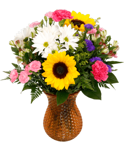 An 7.5 inchH orange dimpled glass vase holds an all-around arrangement with two sunflowers, carnations, charmelia alstroemeria, mini carnations, daisy poms, solidago, and statice. 18.5 inchH x 12 inchW