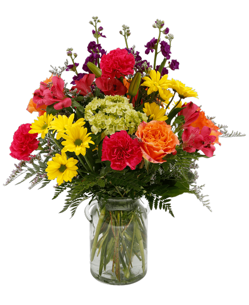 Garden Blossoms is a beautiful arrangement of fresh flowers in a 7 inchH glass vase with ear handles. The all-around arrangement includes three roses, stock, a mini green hydrangea, lilies, alstroemeria, carnations, daisy poms, and caspia. It is perfect for any occasion or as a gift for someone special. 21 inchH x 15 inchW