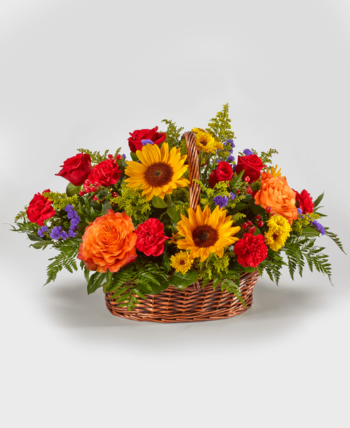 A 17.5 inch basket from our Tuscan Collection holds an impressive all around arrangement with roses, sunflowers, carnations, viking poms, hypericum, solidago, and statice. 28 inchL x 23 inchW x 16 inchH 