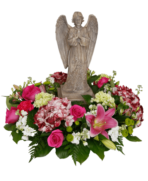 An all around arrangement from our Tender Thoughts Funeral Collection, suitable to be sent to a funeral or memorial service, featuring a 15 inch praying angel keepsake with six roses, hydrangea, lilies, stock, mini green hydrangea, carnations, and button poms. Arrangement is 7 inchH x 23 inchD