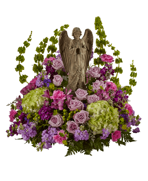 An all around arrangement from our Tranquil Funeral Collection, suitable to be sent to a funeral or memorial service, featuring a 15 inch praying angel keepsake with roses, stock, Bells of Ireland, hydrangea, alstroemeria, carnations, button poms, statice, and caspia. Overall 25 inchL x 24 inchW x 23 inchH 
