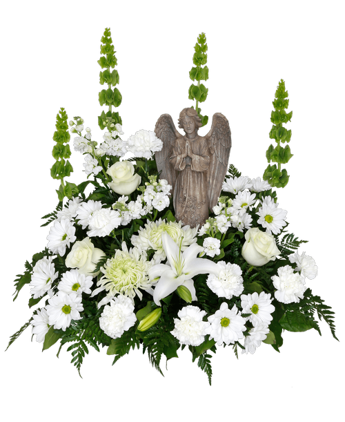 An all white one-sided arrangement, suitable to be sent to a funeral or memorial service, featuring a 15 inch Angel with three roses, carnations, football mums, a lily, stock, Bells of Ireland, and daisy poms. 26 inchH x 24 inchW
