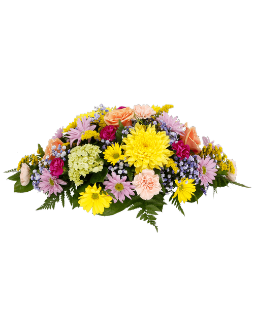 An all around centerpiece with three peach roses, yellow football mums, mini green hydrangea, peach carnations, purple mini carnations, yellow and lavender daisy poms, solidago, and purple dyed baby's breath. 9 inchH x 22 inchL x 14 inchW