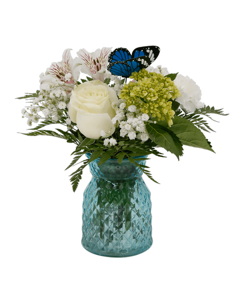 A 5.5 inchH blue glass vase with a diamond pattern holds an all-around arrangement with a mini green hydrangea, a white rose, white alstroemeria, a white carnation, baby's breath, and includes a butterfly stick-in. Overall 10 inchH x 8 inchW