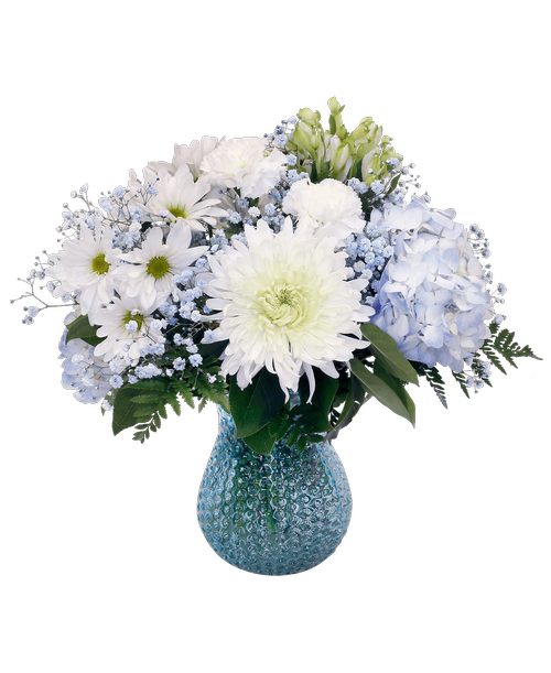 A 7.5 inch blue dimpled glass vase holds an all-around arrangement with a football mum, hydrangea, charmelia alstroemeria, carnations, daisy poms, and blue-dyed baby's breath. 15.5 inchH x 13 inchW
