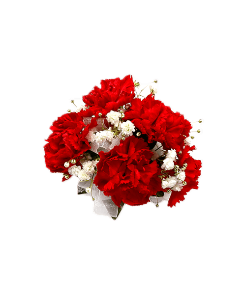5 Red mini carnations with babies breath. Designed as a wrist corsage.
*** Because of the specialized nature of these products, the order can’t be cancelled after the arrangement is made.