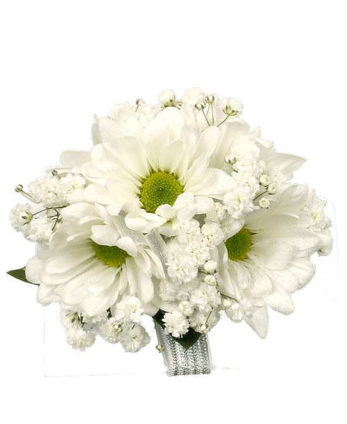A corsage with five daisy poms, and babies breath. Designed as a wrist corsage.
*** Because of the specialized nature of these products, the order can’t be cancelled after the arrangement is made.