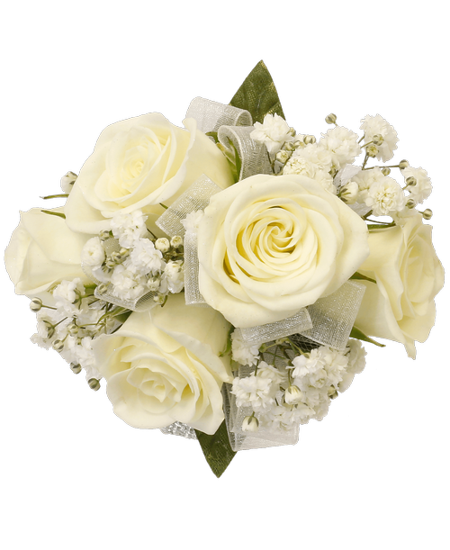 A corsage with five spray roses and babies breath. Designed as a wrist corsage,
*** Because of the specialized nature of these products, the order can’t be cancelled after the arrangement is made.