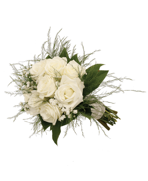 Hand-tied bouquet including eight roses, baby's breath, tree fern and salal.
*** Because of the specialized nature of these products, the order can’t be cancelled after the arrangement is made.