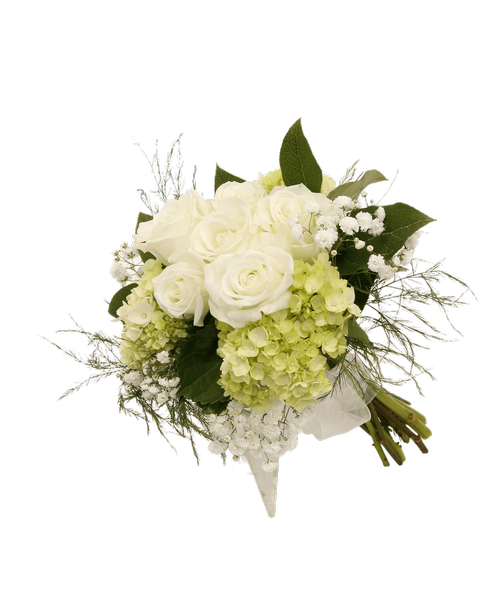 Hand-tied bouquet including six roses, three mini green hydrangea, baby's breath, tree fern and salal.
*** Because of the specialized nature of these products, the order can’t be cancelled after the arrangement is made.