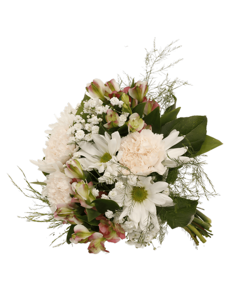 Hand-tied bouquet including carnations, charmelia alstroemeria, daisy poms, baby's breath, tree fern, and salal.
*** Because of the specialized nature of these products, the order can’t be cancelled after the arrangement is made.