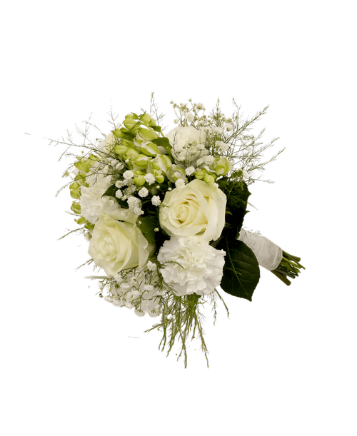 Hand-tied bouquet including three roses, charmelia alstroemeria, carnations, baby's breath, tree fern, and salal.
*** Because of the specialized nature of these products, the order can’t be cancelled after the arrangement is made.