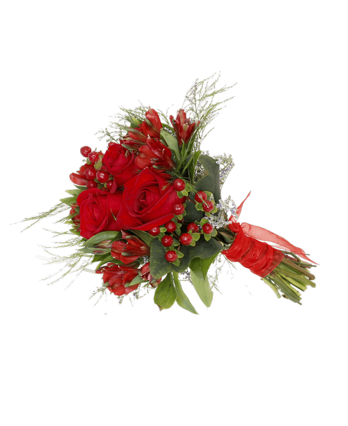 Hand-tied bouquet including three roses, alstroemeria, hypericum, caspia, tree fern, and salal.
*** Because of the specialized nature of these products, the order can’t be cancelled after the arrangement is made.