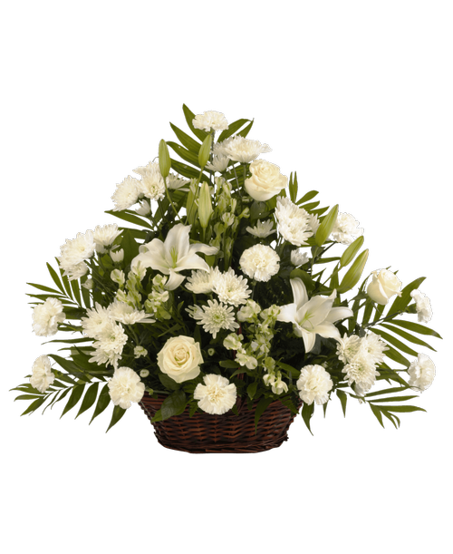 A 18.5 inchL basket holds a one sided arrangement, suitable to be sent to a funeral or memorial service, in all whites with lilies, roses, charmelia alstroemeria, carnations, and cushion poms. 28.5 inchH x 34 inchW
