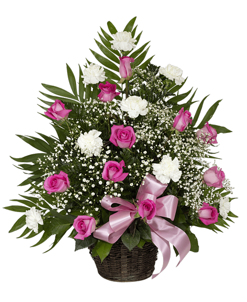 A one-sided basket arrangement suitable to be sent to a funeral or memorial service with roses, carnations, babies breath, and a bow. 27 inchH x 22 inchW