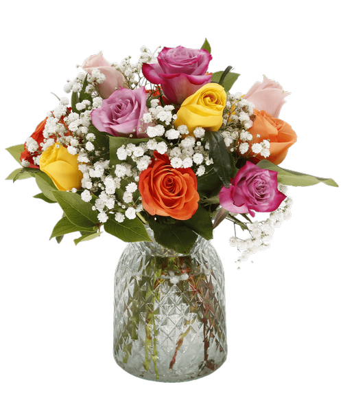 A 6.5 inchH clear glass vase with a diamond pattern holds a dozen 40cm colored roses, and baby's breath (Rose colors may vary) 14 inchH x 12 inchW
