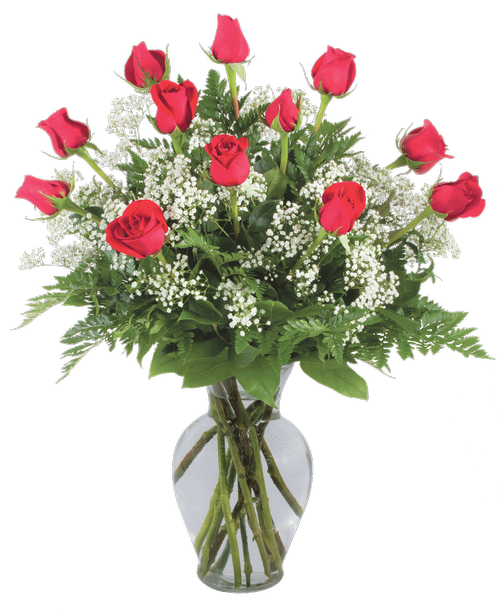A rose arrangement with one dozen long-stemmed red roses, baby's breath and greens designed all around in a 11 inchH clear glass vase. 26” height