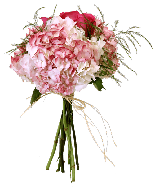 Three stems pink hydrangea, three pink roses, and tree fern bunched and wrapped in a sleeve and tied with raffia (Rose colors may vary)