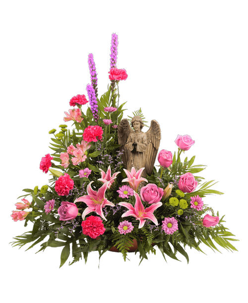 A one-sided triangular arrangement, suitable to be sent to a funeral or memorial service, featuring a 15 inch Angel with six roses, carnations, lilies, alstroemeria, liatris, daisy poms, button poms, and caspia. 32 inchH x 29 inchW