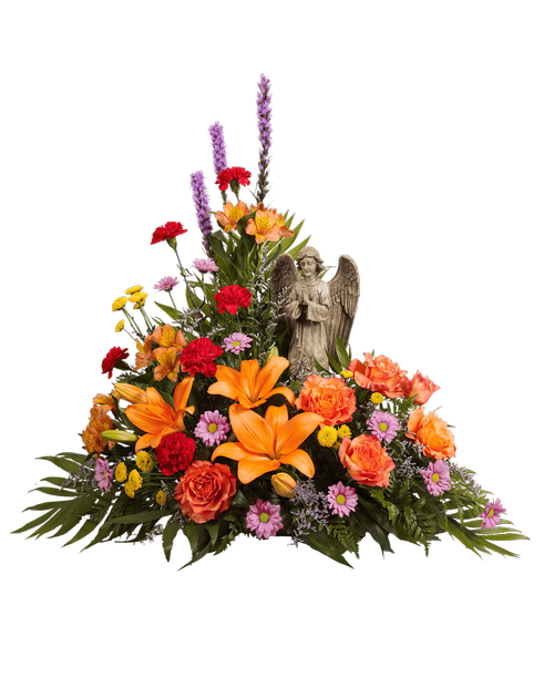 A one-sided triangular arrangement, suitable to be sent to a funeral or memorial service, featuring a 15 inch Angel with six roses, carnations, lilies, alstroemeria, liatris, daisy poms, button poms, and caspia. 32 inchH x 29 inchW