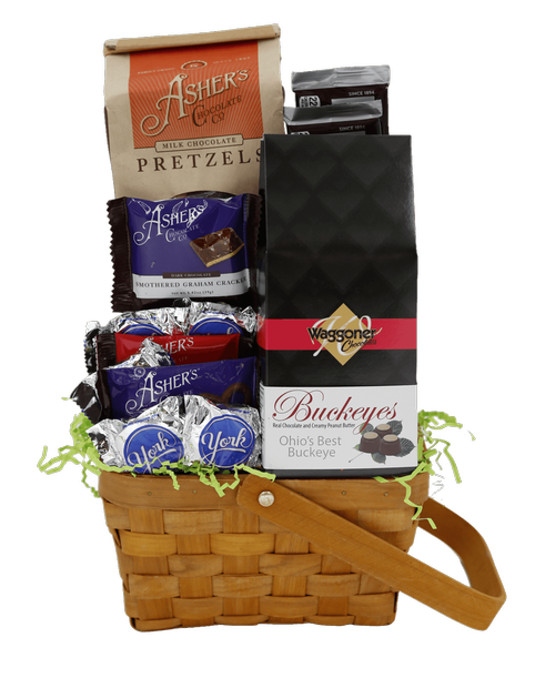 The perfect gift for the chocolate lover…a gift selection of chocolate treats including sweets from several local companies! Includes chocolate covered pretzels, chocolate bars, candy, and more! 15 inchH x 8 inchW