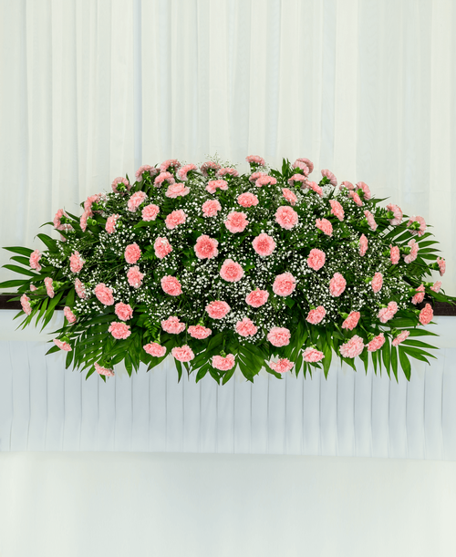 A full casket spray from our Traditional Funeral Collection designed with carnations and babies breath. 60 inchL x 30 inchW