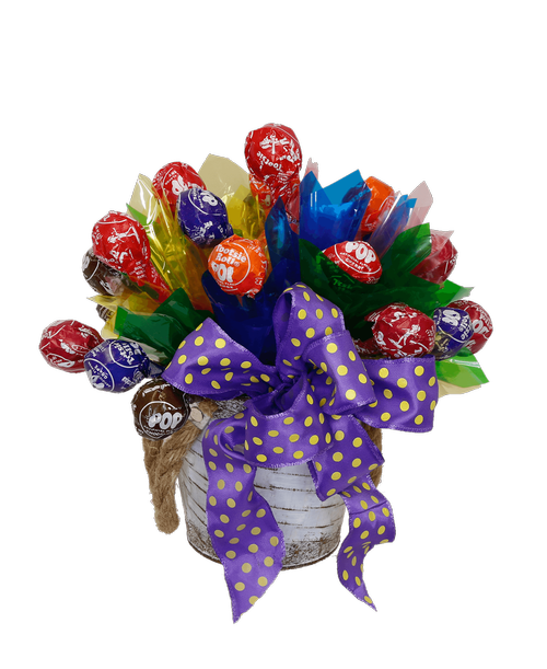 A 5 inch pot holds a 'bouquet' of tootsie pops with colorful ribbon accents. 10 inchH x 10 inchW