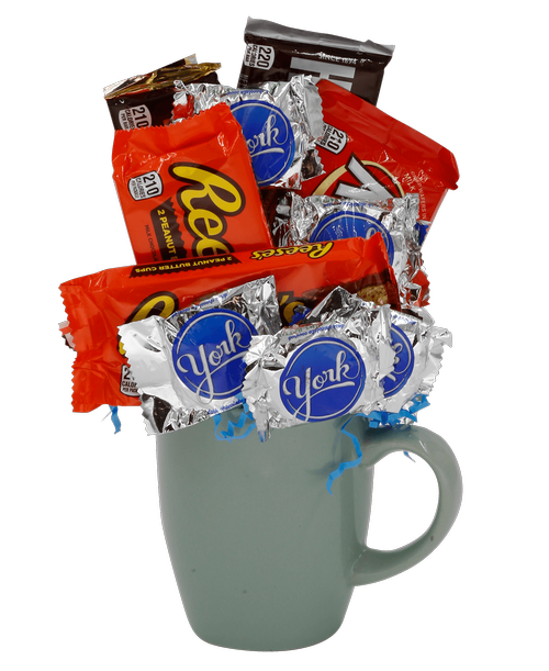 A ceramic mug filled with sweets from local favorite Hershey's Chocolate.10 inchH x 6 inchW