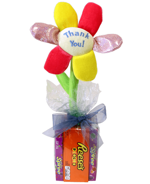 A 'Thank you' plush flower is 'planted' in the middle of four boxes of candy, and gift wrapped with a bow. 18 inchH x 10 inchW (boxed candy styles may vary)