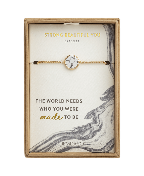 White Marble and gold chain Bracelet from the Strong Beautiful You Fashion collection. Packaging sentiment reads 'The World needs who you were made to be.' 9 inch long - adjustable