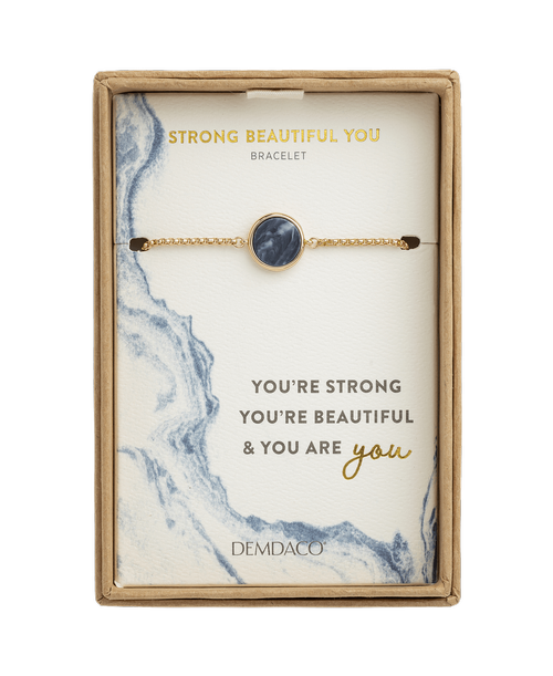 Blue Marble and gold chain Bracelet from the Strong Beautiful You Fashion collection. Packaging sentiment reads 'You're strong You're beautiful & you are you.' 9 inch long - adjustable