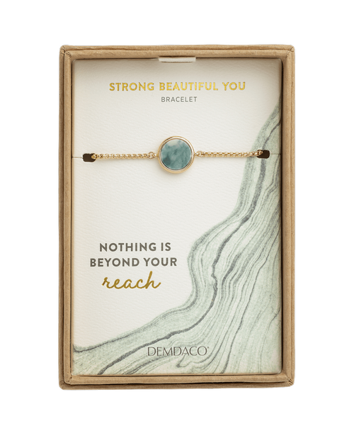 Green Marble and gold chain Bracelet from the Strong Beautiful You Fashion collection. Packaging sentiment reads 'Nothing is beyond your reach.' 9 inch long - adjustable
